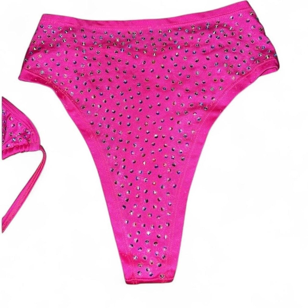 Pink Rhinestone Triangle High Waist Bikini Set Rave Pole Exotic Dance - Picture 2 of 9